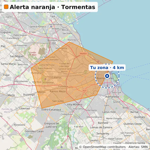 Mapa con el área de una alerta naranja sobre el oeste del Gran Buenos Aires y el radio de 4 km alrededor de la casa del usuario